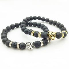 Men’s Natural Lava Stone Bead Bracelet with Leopard Head Charm – Handmade Jewelry