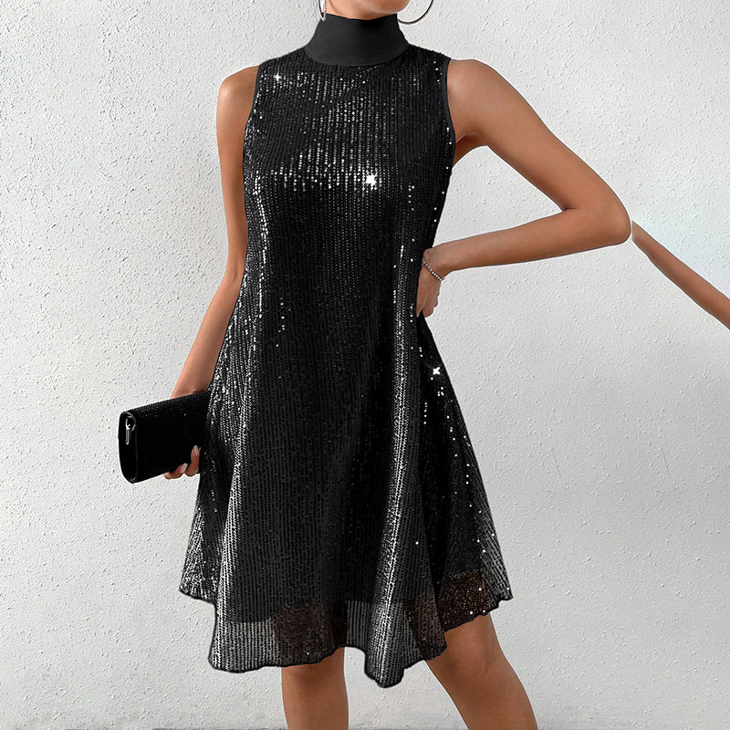 Women’s Sparkly Sequin Dress-Sleeveless Mock Neck Glittery Evening & Party Wear