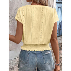 Women’s Long Sleeve Eyelet Top  V-Neck Casual Loose Blouse for Fall & Everyday Wear