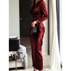 Women’s Satin Midi Bodycon Dress – Elegant V-Neck Long Sleeve Evening Dress
