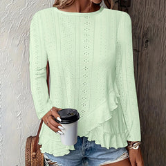 Women’s Eyelet Long Sleeve Top – Dressy Casual Crew Neck Blouse with Ruffle Hem