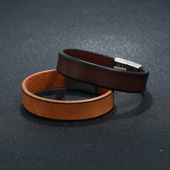 Men’s Casual Fashion Cowhide Leather Bracelet – Stainless Steel Clasp, Modern Wrist Accessory
