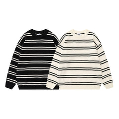 Striped Round Neck Knitted Sweater Men's Loose
