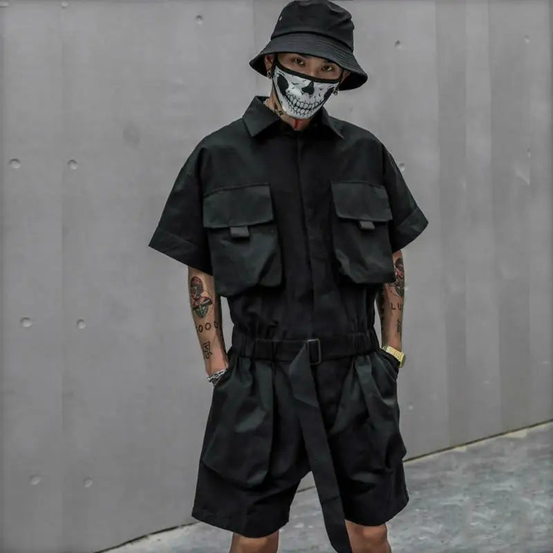 Men’s Black Cargo Overalls – Streetwear Utility Jumpsuit