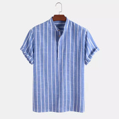 Men’s Fashion Striped Shirt – Short Sleeve Casual Linen Top with Stand-Up Collar