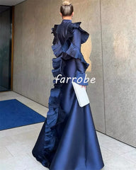 Customized Modern A-Line Long Dress – Pleated Ruched High Collar Occasion Dress