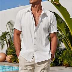 Men’s Casual Summer Shirt – Solid Color Linen Pullover Short Sleeve Top with Button Front & Lapel Collar