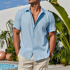 Men’s Casual Summer Shirt – Solid Color Linen Pullover Short Sleeve Top with Button Front & Lapel Collar
