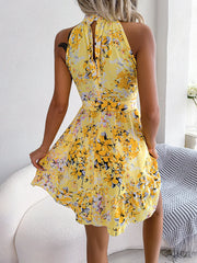 Women’s Floral Print Summer Dress – Tie Belt Ruffle Hem Flared Maxi Dress