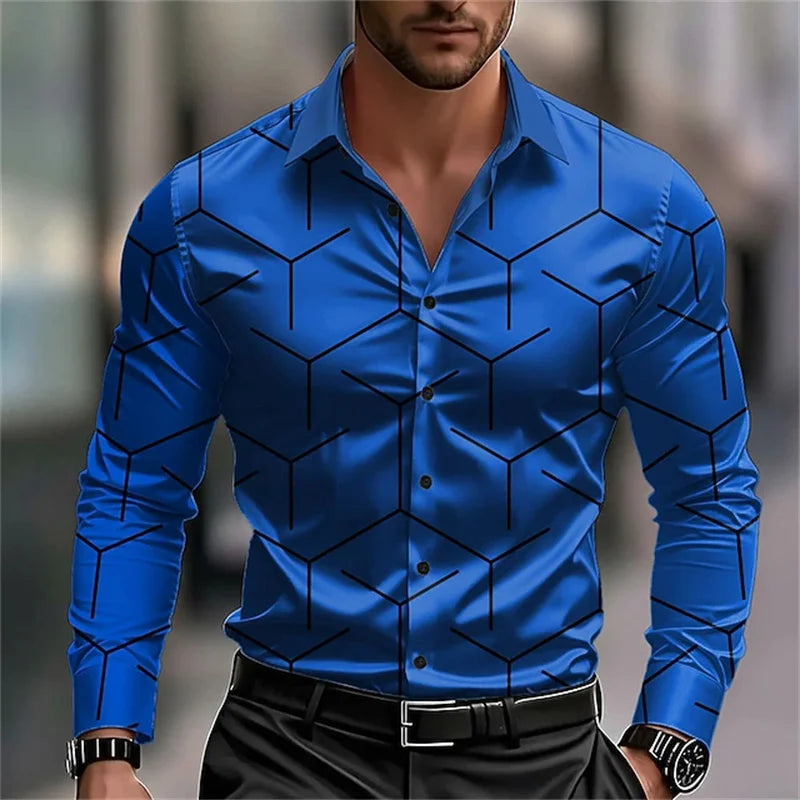 Men’s Striped Formal Shirt – Long Sleeve Business Casual 3D Printed Lapel Shirt for Spring, Summer & Autumn