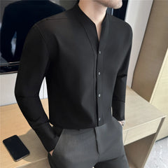 High-Quality French Style Men’s Collarless Shirt-Solid Color Long Sleeve Casual & Business Shirt