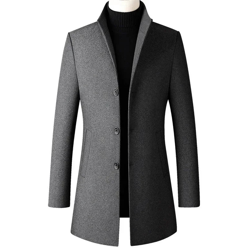 BROWON Men’s Long Wool Trench Coat – Autumn & Winter Business Casual Windbreaker Jacket