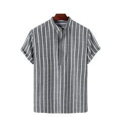 Men’s Fashion Striped Shirt – Short Sleeve Casual Linen Top with Stand-Up Collar