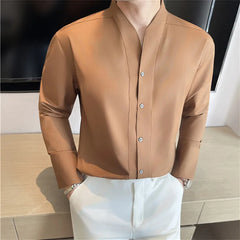 High-Quality French Style Men’s Collarless Shirt-Solid Color Long Sleeve Casual & Business Shirt