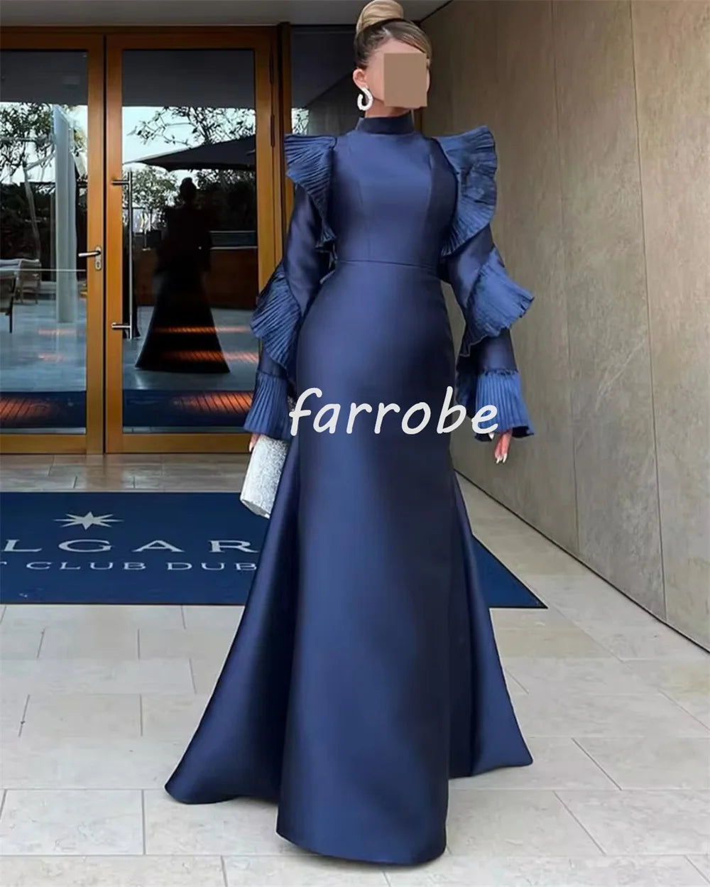 Customized Modern A-Line Long Dress – Pleated Ruched High Collar Occasion Dress