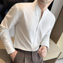High-Quality French Style Men’s Collarless Shirt-Solid Color Long Sleeve Casual & Business Shirt