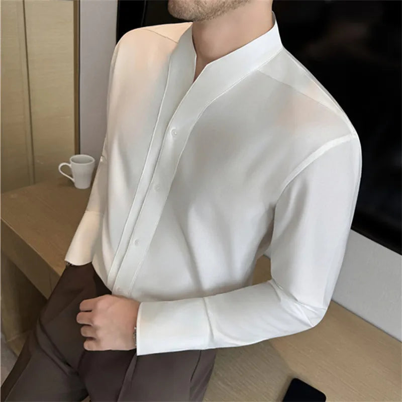 High-Quality French Style Men’s Collarless Shirt-Solid Color Long Sleeve Casual & Business Shirt