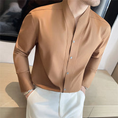 High-Quality French Style Men’s Collarless Shirt-Solid Color Long Sleeve Casual & Business Shirt