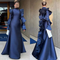 Customized Modern A-Line Long Dress – Pleated Ruched High Collar Occasion Dress