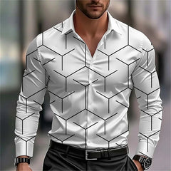 Men’s Striped Formal Shirt – Long Sleeve Business Casual 3D Printed Lapel Shirt for Spring, Summer & Autumn