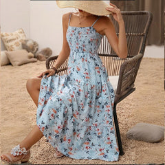 Women’s Summer Floral Midi Dress Smocked Spaghetti Strap Sleeveless Tiered Casual Flowy Dress