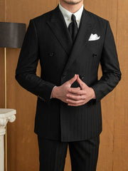 Men's Versatile Black Striped Double Breasted Suit