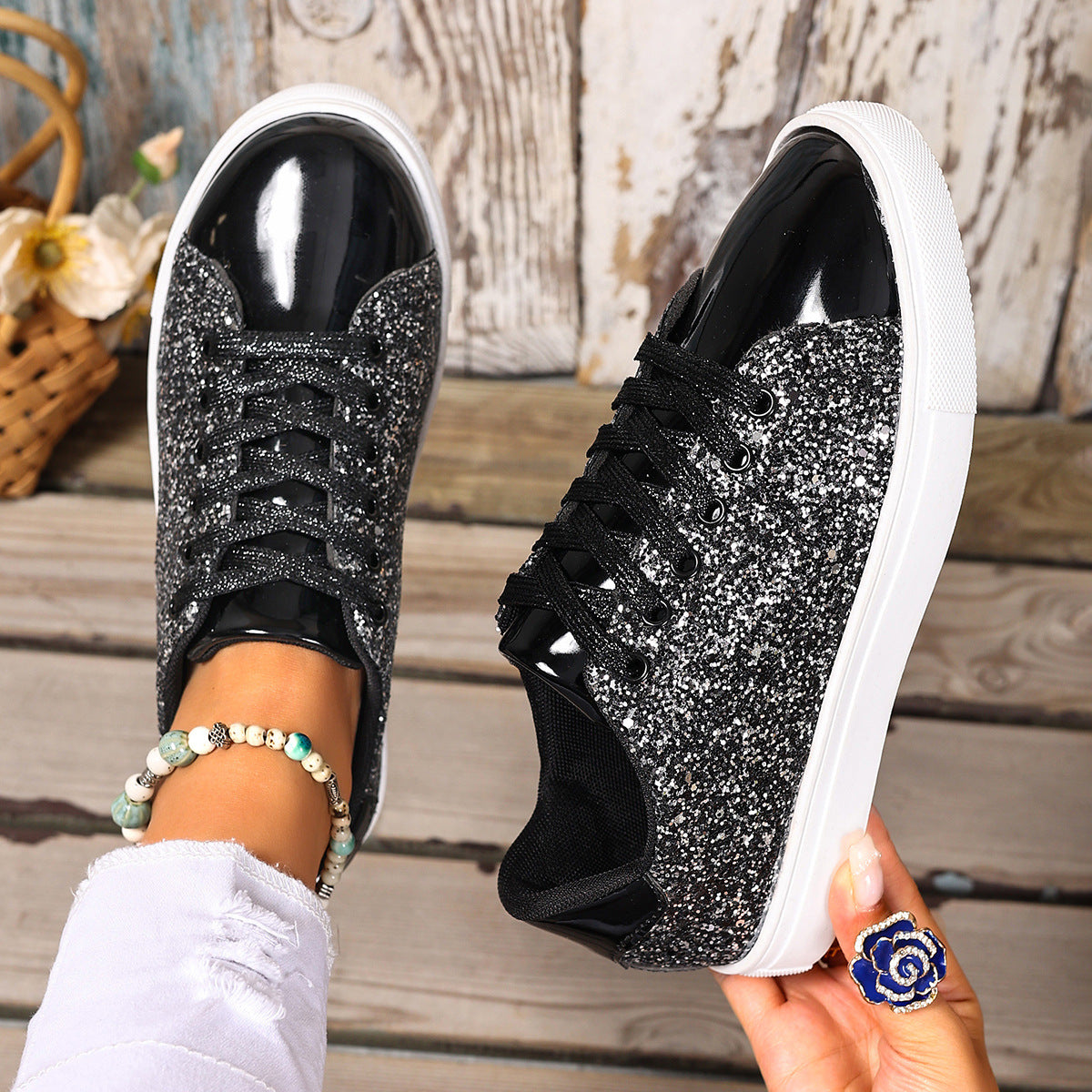 Plus Size Sequined Front Lace-Up Solid Color Board Shoes – Stylish Women’s Footwear