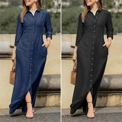 Women's Casual Button Down Denim Maxi Dress Long Sleeve Long Jean Dresses With Pockets