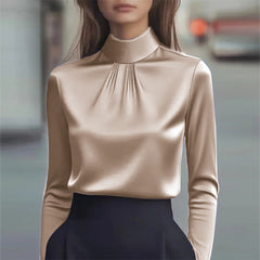Women’s Solid Color Turtleneck Blouse – Long Sleeve Pleated Shirt for Office & Formal Wear