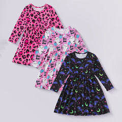 3pcs Toddler Girl Halloween Dress-Skull & Ghost Print Long Sleeve A-Line