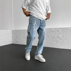 Men's Straight-leg Jeans Printed Solid Color Loose Wide Leg Denim