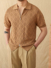 Cotton Zipper Hollow Short Sleeve Lapel Cardigan Casual Top