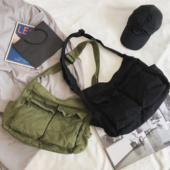 Men's Canvas Messenger Bag Large Capacity Multi Pocket Shoulder Bag