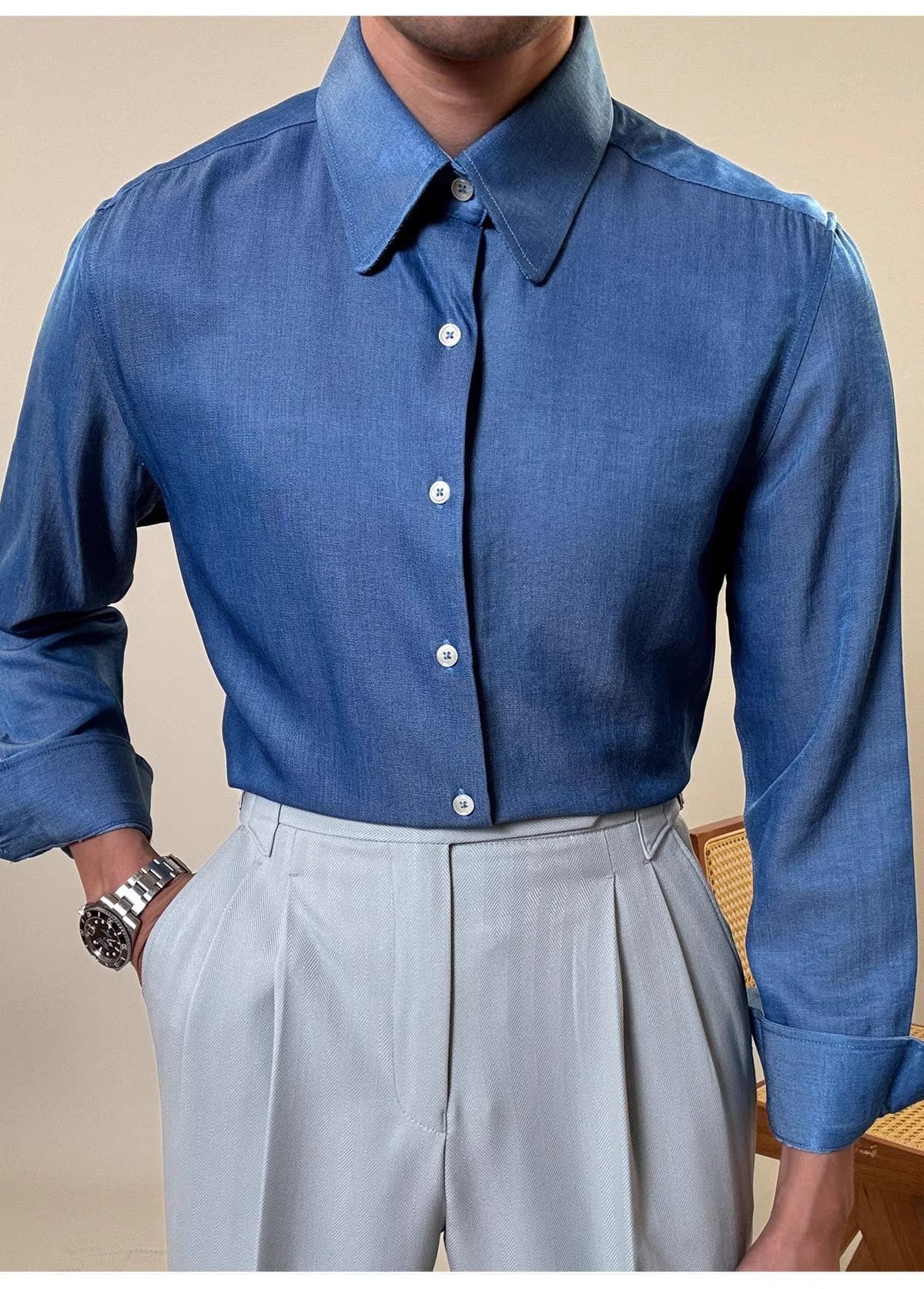 Round Collar Long Sleeve Shirt Men's Casual Business