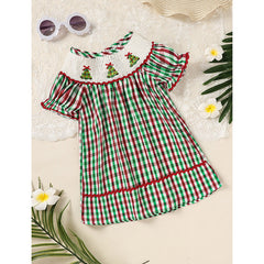 Toddler Baby Girls Dress-Christmas Tree Plaid Short Sleeve Party Dress