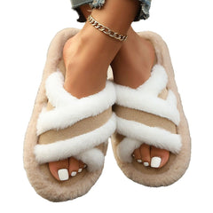 Fluffy Cross Strap Stitching Platform Slippers – Warm Casual Women’s Slippers