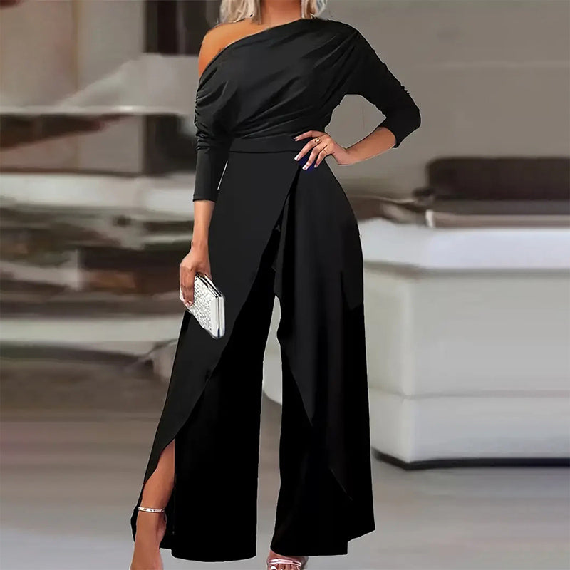Women’s Elegant One-Shoulder Jumpsuit-Long Sleeves with Slit Pants & Pleated Waist for Spring & Summer Parties