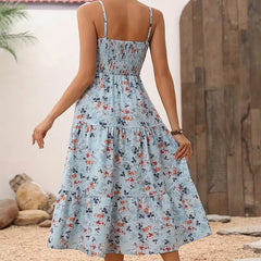Women’s Summer Floral Midi Dress Smocked Spaghetti Strap Sleeveless Tiered Casual Flowy Dress