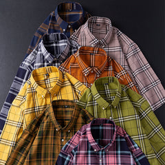Men's Cotton Plaid Buckle Collar Casual Cardigan Shirt