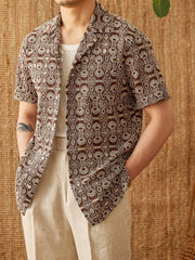Vintage Embroidered Cotton Casual Cuban Collar Short Sleeve Printed Shirt