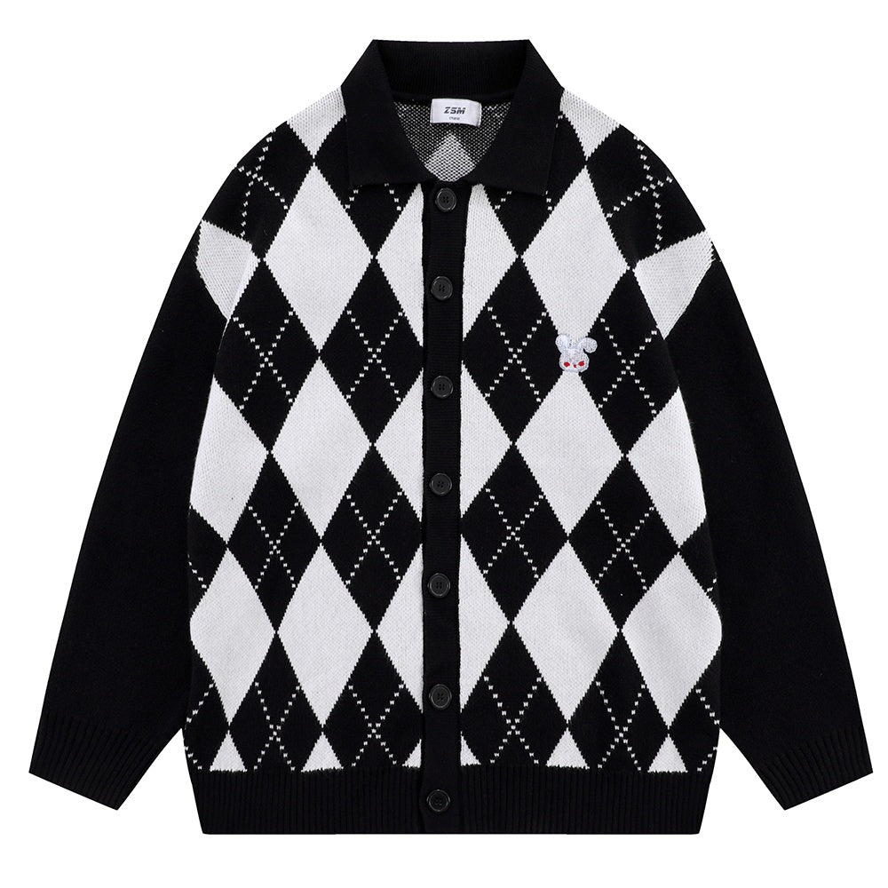 Men's Contrast Jacquard Diamond Plaid Cardigan Sweater