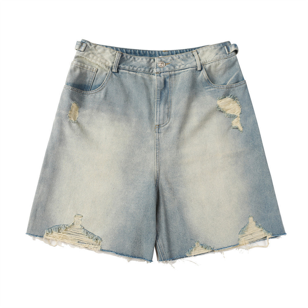 Heavy Industry Hole Washing Denim Shorts Men