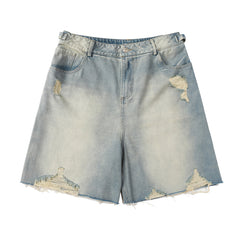 Heavy Industry Hole Washing Denim Shorts Men