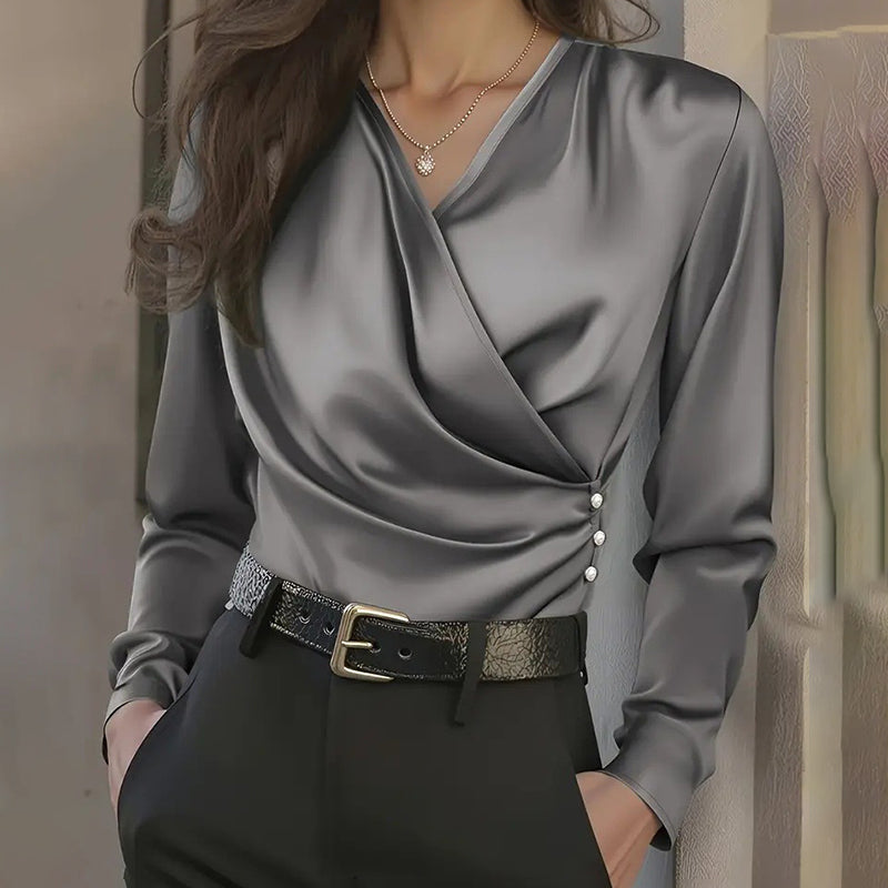 Women’s Elegant Cross V-Neck Blouse – Ruffle Button Accent Top