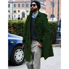 Men’s Wool Trench Coat-Retro Horn Button Hooded Long Coat for Winter & Casual Wear