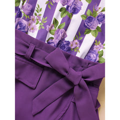Toddler Girl Outfit – Purple Rose Print Spring/Fall Stripe Top with Belted Skirt Set for Holidays & Going Out
