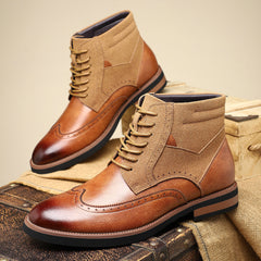 Men’s British Style Retro Martin Boots – Mid-Top Carved Leather Casual Footwear