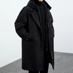 Men’s Trench Coat-Mid-Length Hooded False Two-Piece Coat for Casual & Street Style Wear
