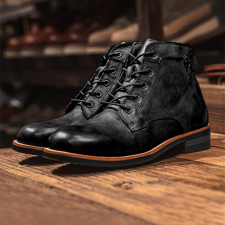Men's Retro Lace-Up Leather Ankle Boots Low Heel Motorcycle Shoes