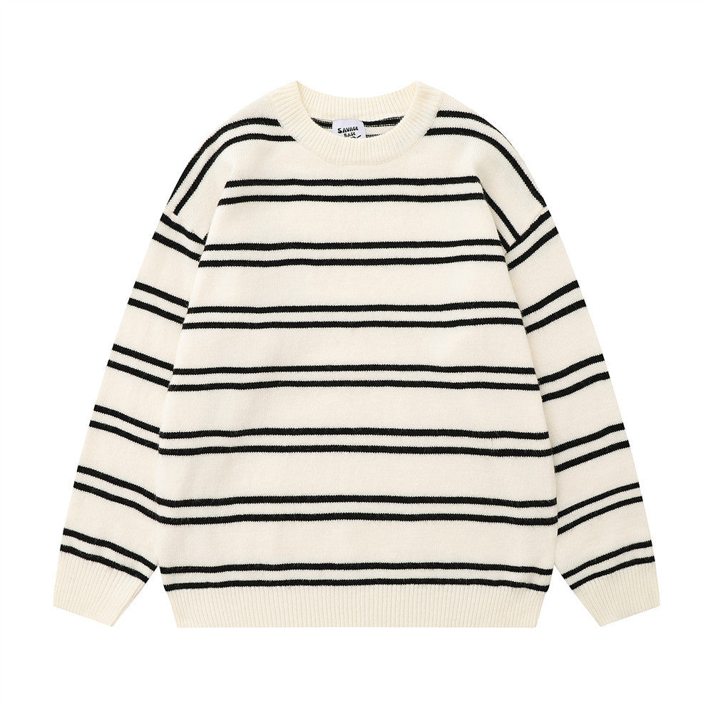 Striped Round Neck Knitted Sweater Men's Loose